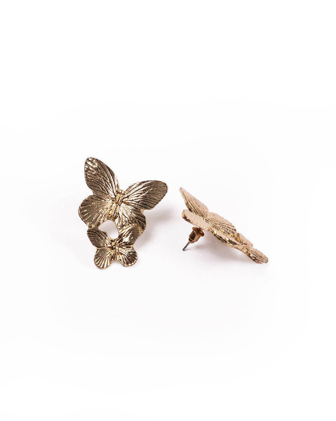 Butterfly Earrings: 24K gold-plated stud earrings with intricate cut-out butterfly wing details, crafted from brass alloy and shown on a white background.