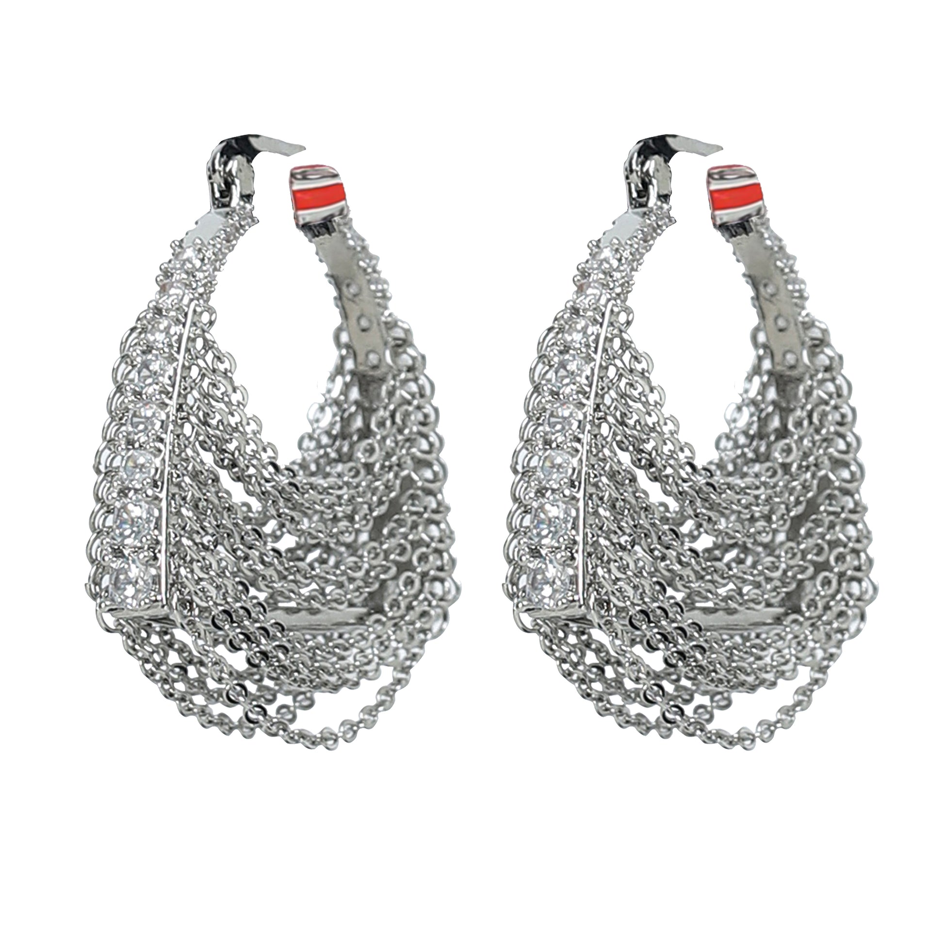The Silver Chain Bag Earrings feature silver hoops with layered chains and a red accent at the top. Their intricate, modern design comes with a lightweight jewelry pouch for safe storage.