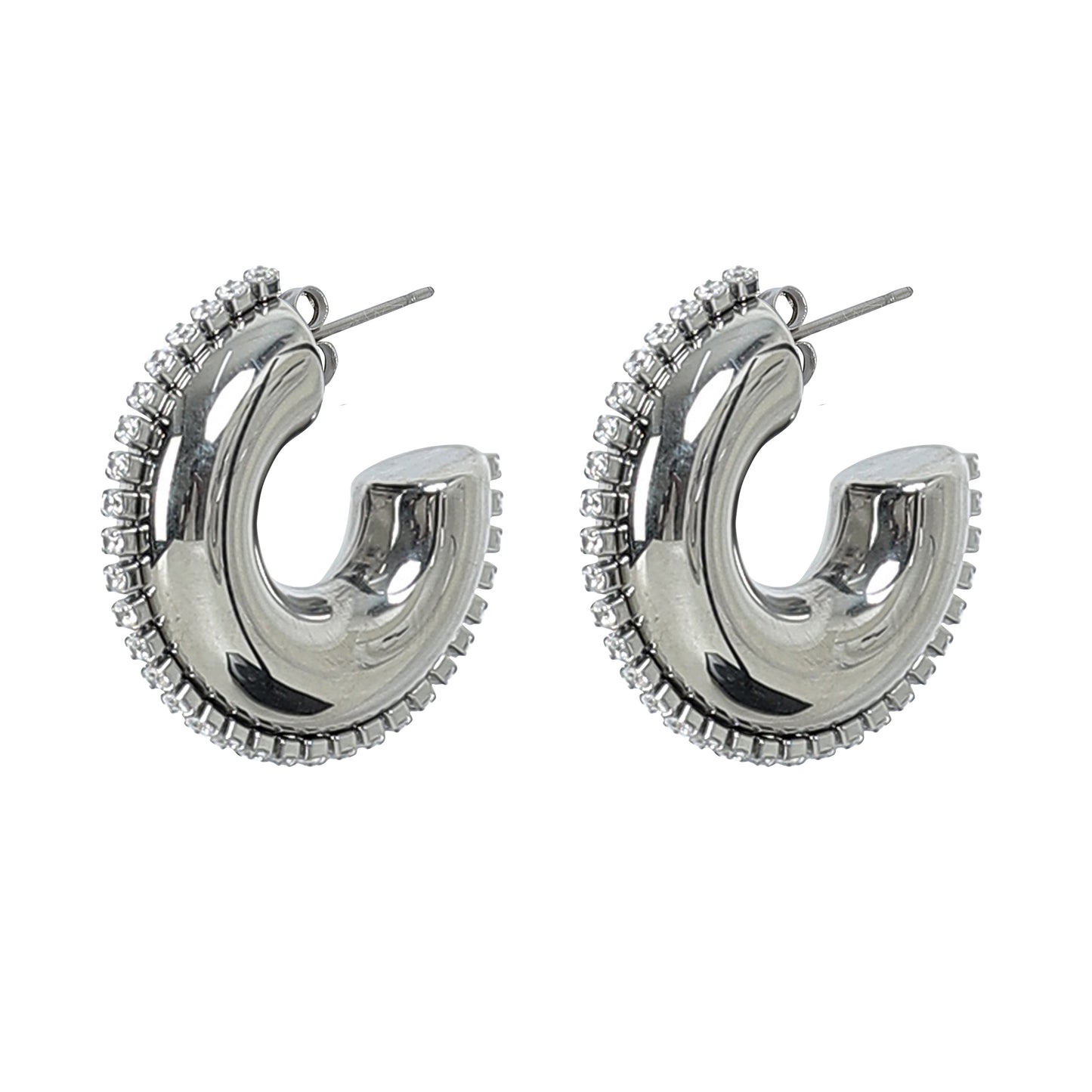 The Half Circle Silver Hoop features shiny silver crescent shapes outlined with sparkling zircon stones along the outer edge, all shown against a white background.