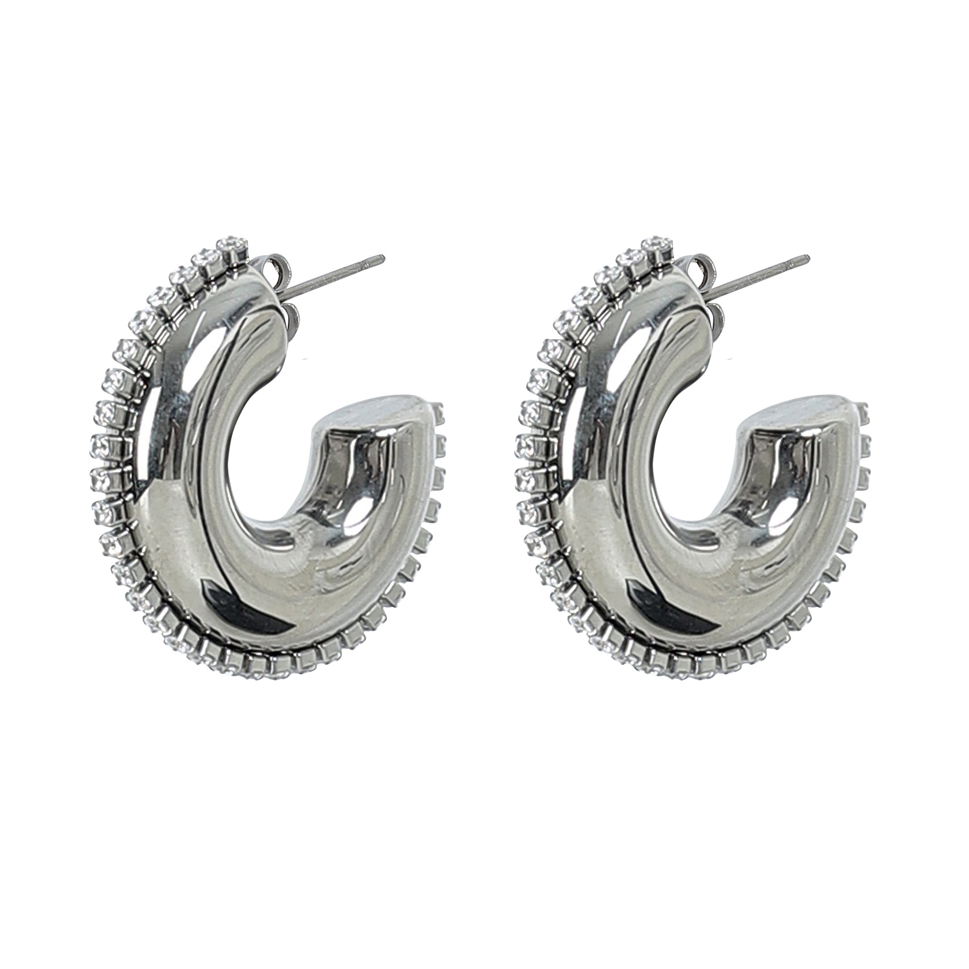 The Half Circle Silver Hoop features shiny silver crescent shapes outlined with sparkling zircon stones along the outer edge, all shown against a white background.