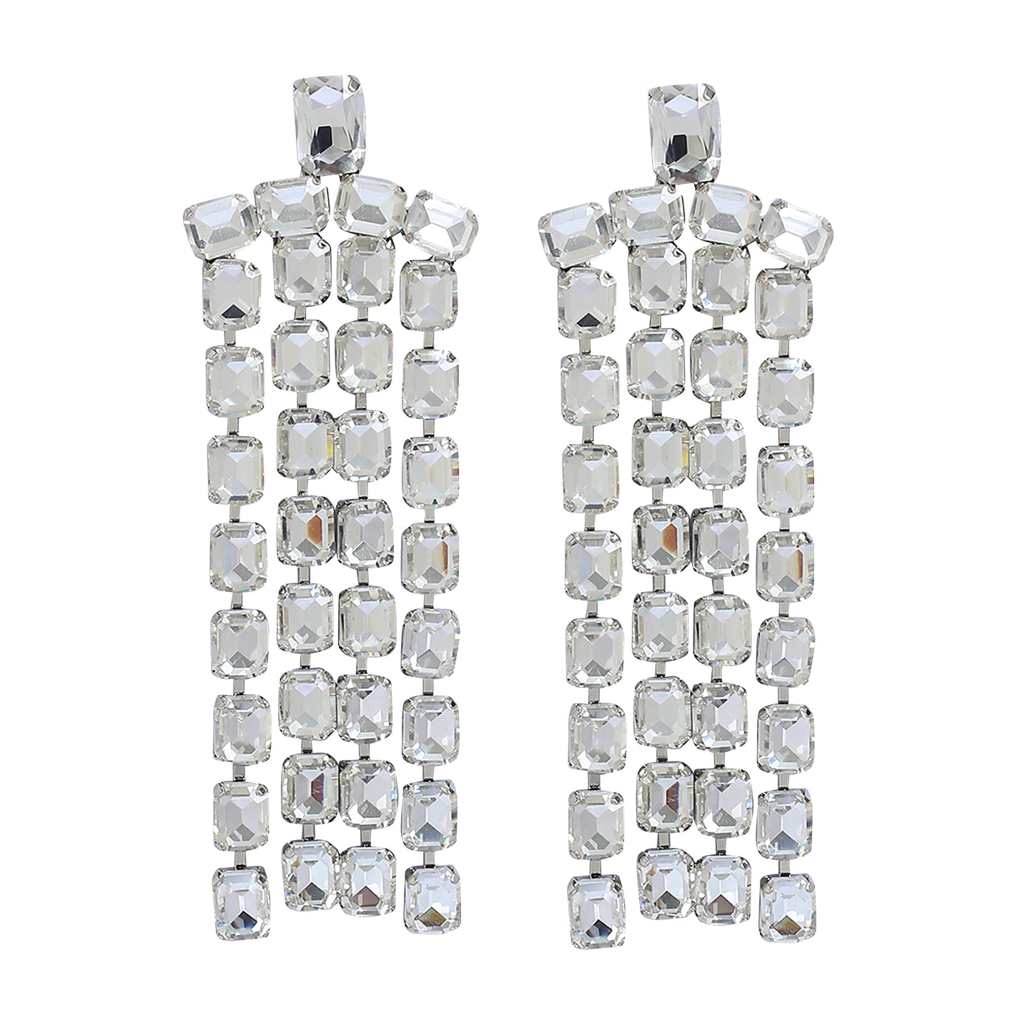 Long Rhinestone Tassel Earrings featuring a rectangular silver design with three vertical rows of square-cut lab-created stones arranged in a faceted, reflective grid pattern.