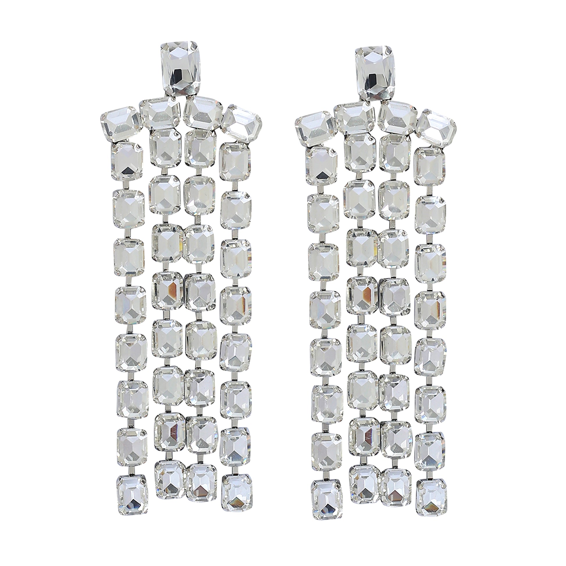 Long Rhinestone Tassel Earrings featuring a rectangular silver design with three vertical rows of square-cut lab-created stones arranged in a faceted, reflective grid pattern.