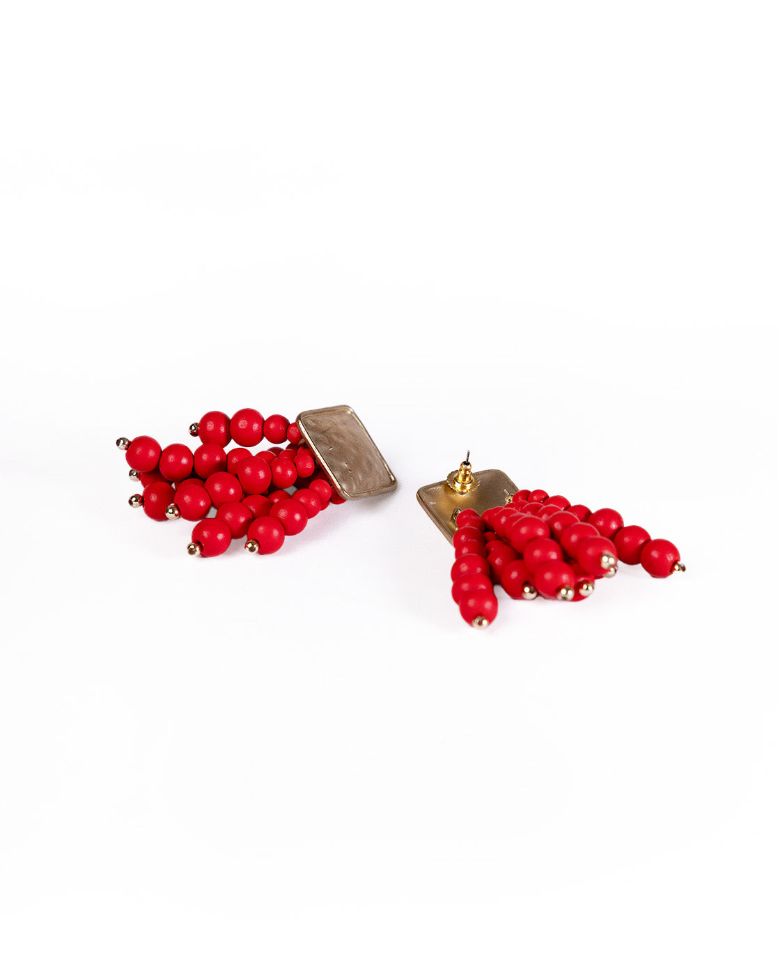 Beady Red and Gold Earrings: Gold plated earrings with rectangular bases and multiple dangling strands of vibrant red beads, shown on a white background—ideal luxury jewelry to brighten up your summer style.