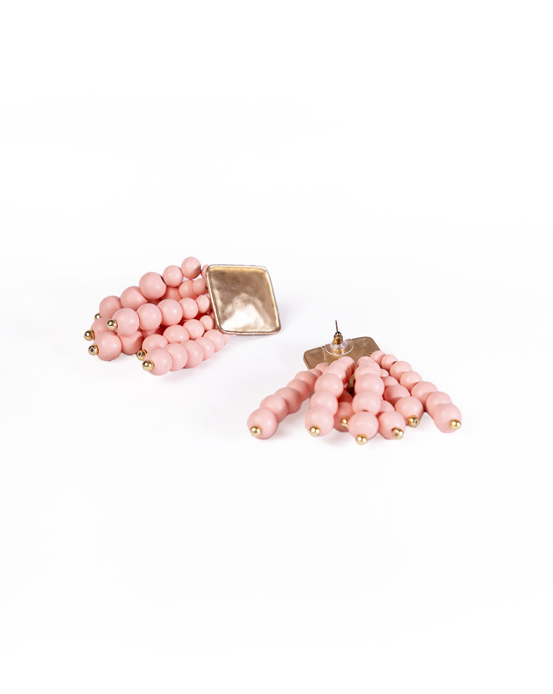 Beady Pink and Gold Earrings with square gold-plated studs and dangling strands of pink beads finished with small gold beads, shown on a white background.