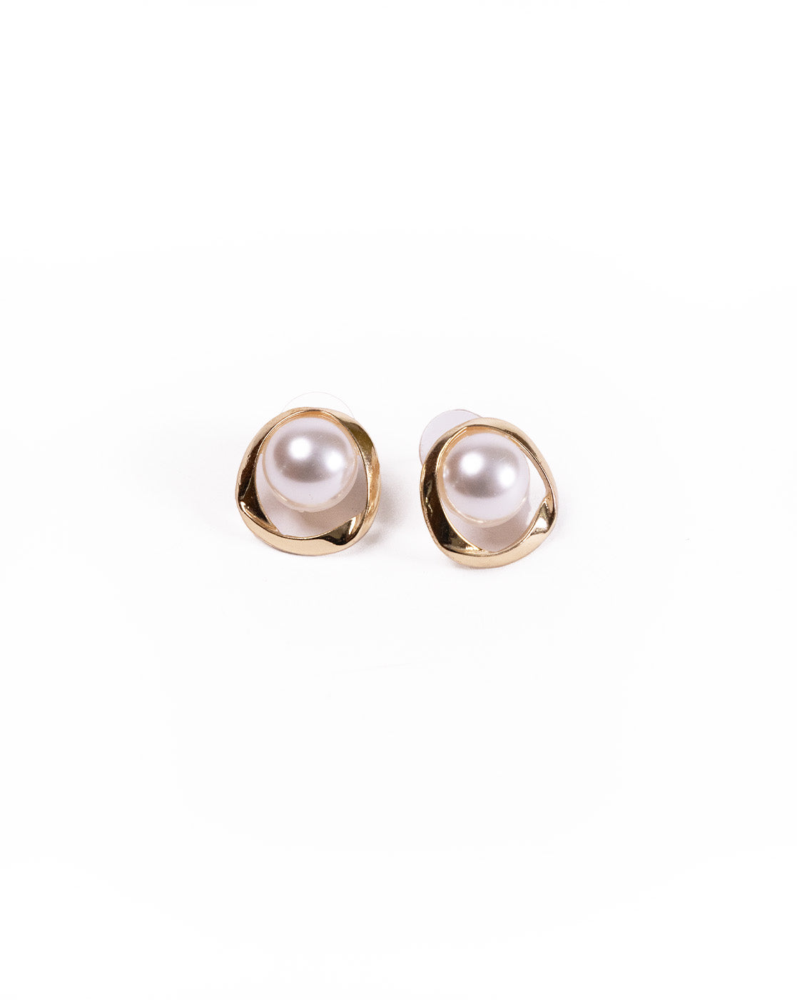 Vintage gold and pearl earrings inspired by French vintage jewelry, featuring round pearl studs set in gold-toned metal, displayed on a white background.