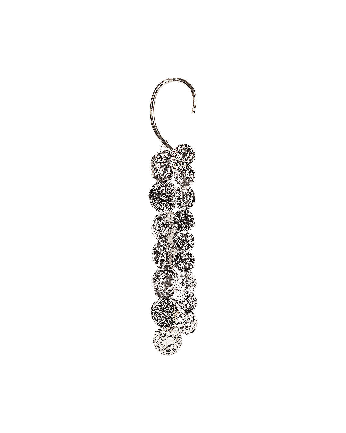 The Silver Ear Cuff (right ear) features a curved hook with a vertical row of shiny, textured round discs stacked closely together for a striking dangle effect.