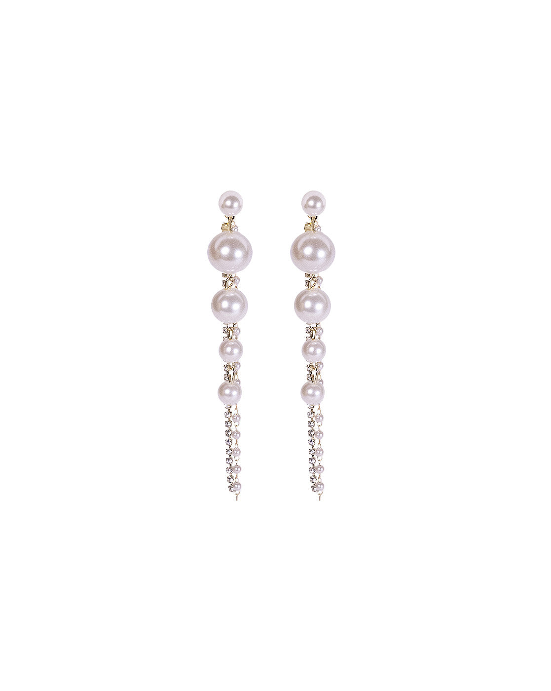 The Pearl Tassel Earrings showcase three graduated pearls and a row of shimmering crystals set in gold-plated metal—a stylish statement of luxury.