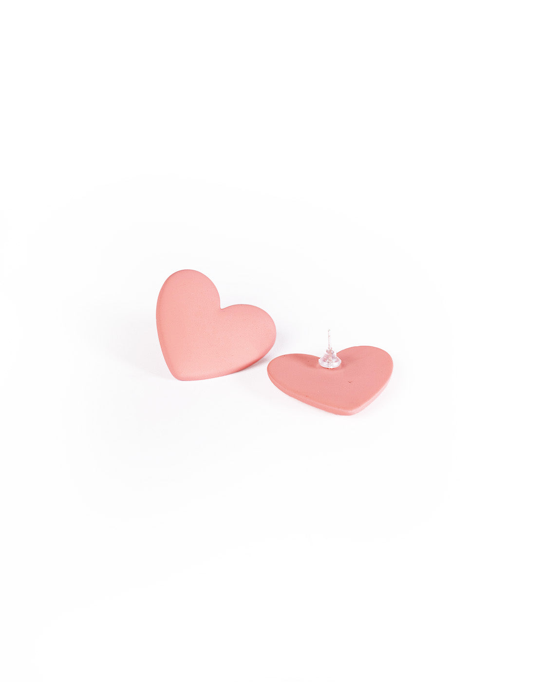 The Love Hearts Earrings, two pink heart-shaped gold-plated pieces, are displayed on a white background—one upright, the other flat to reveal the clear backing and post.
