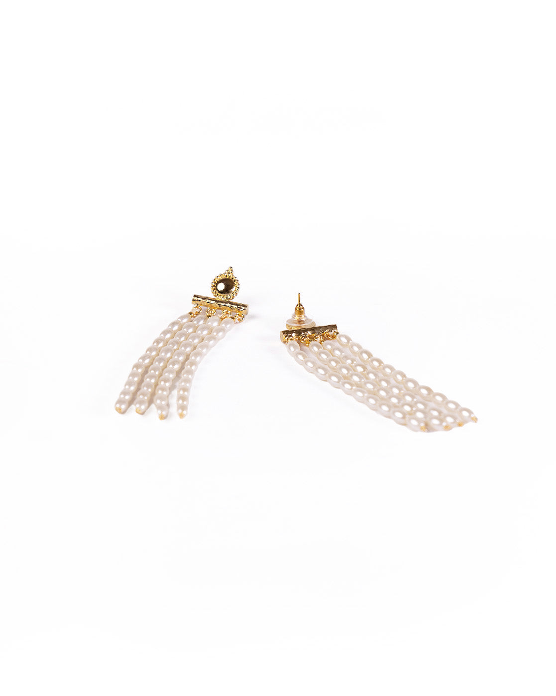 The Pearl Rain Earrings are 24K gold plated with a central stone and a lotus-inspired design, each featuring five dangling white pearl strands, shown against a white background.