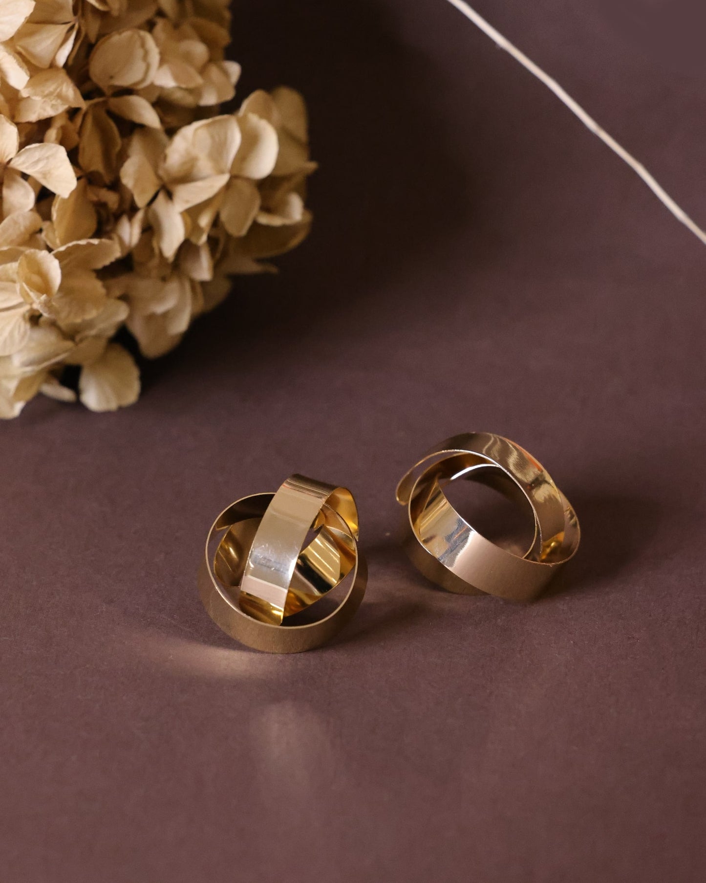 The Gold Criss Cross Earrings, 24K gold plated, rest on a brown surface near dried, light-colored flowers. One earring stands upright while the other leans slightly. A thin white line appears in the upper right corner.