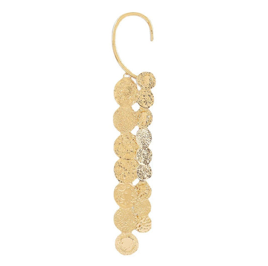 Gold Ear Cuff (right ear) featuring a hook and cascading 24K gold-plated, textured circular discs in varying sizes for a shimmering, layered look.