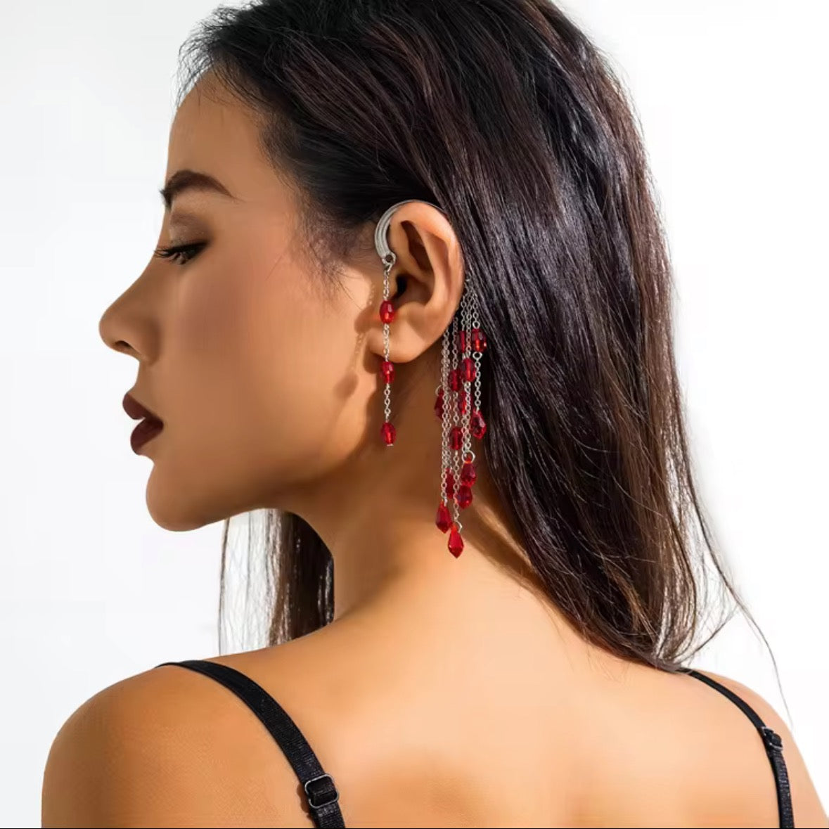 Red beads ear cuff (left ear)