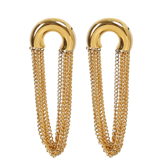 Gold chain earrings featuring a curved, horseshoe-like top with multiple hanging gold chains forming loops—an elegant accessory for classic jewelry lovers.