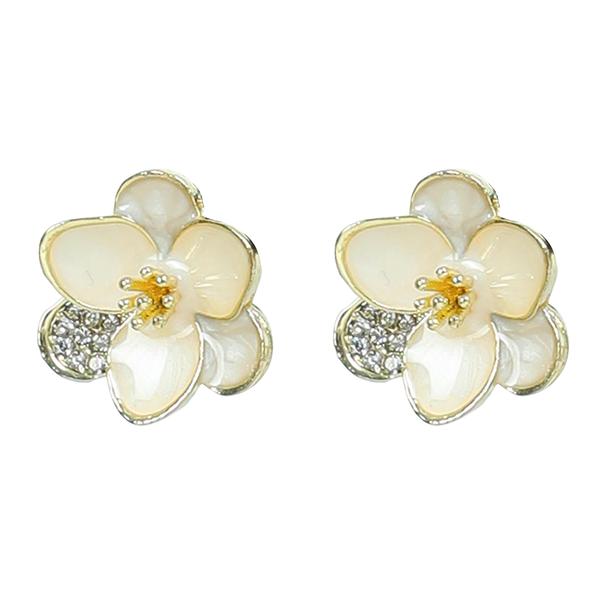 Enamel flower earrings in gold-tone feature cream-colored petals, yellow centers, and a clear rhinestone accent on one petal—perfect for adding glamorous flair to any outfit.
