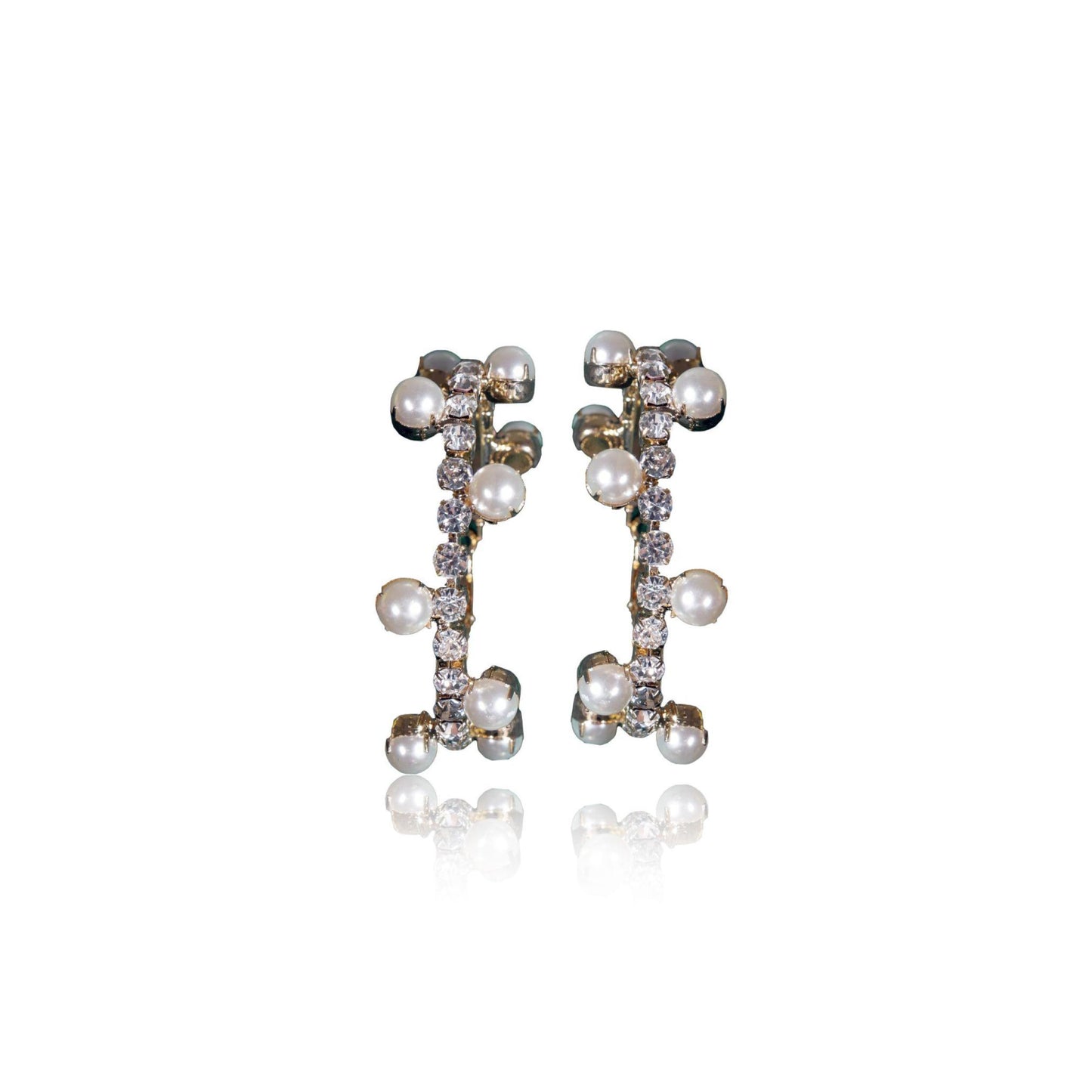 Silver Pearl and Crystal Hoops featuring small pearls and white crystals in an alternating pattern, shown on a white background with a subtle reflection.