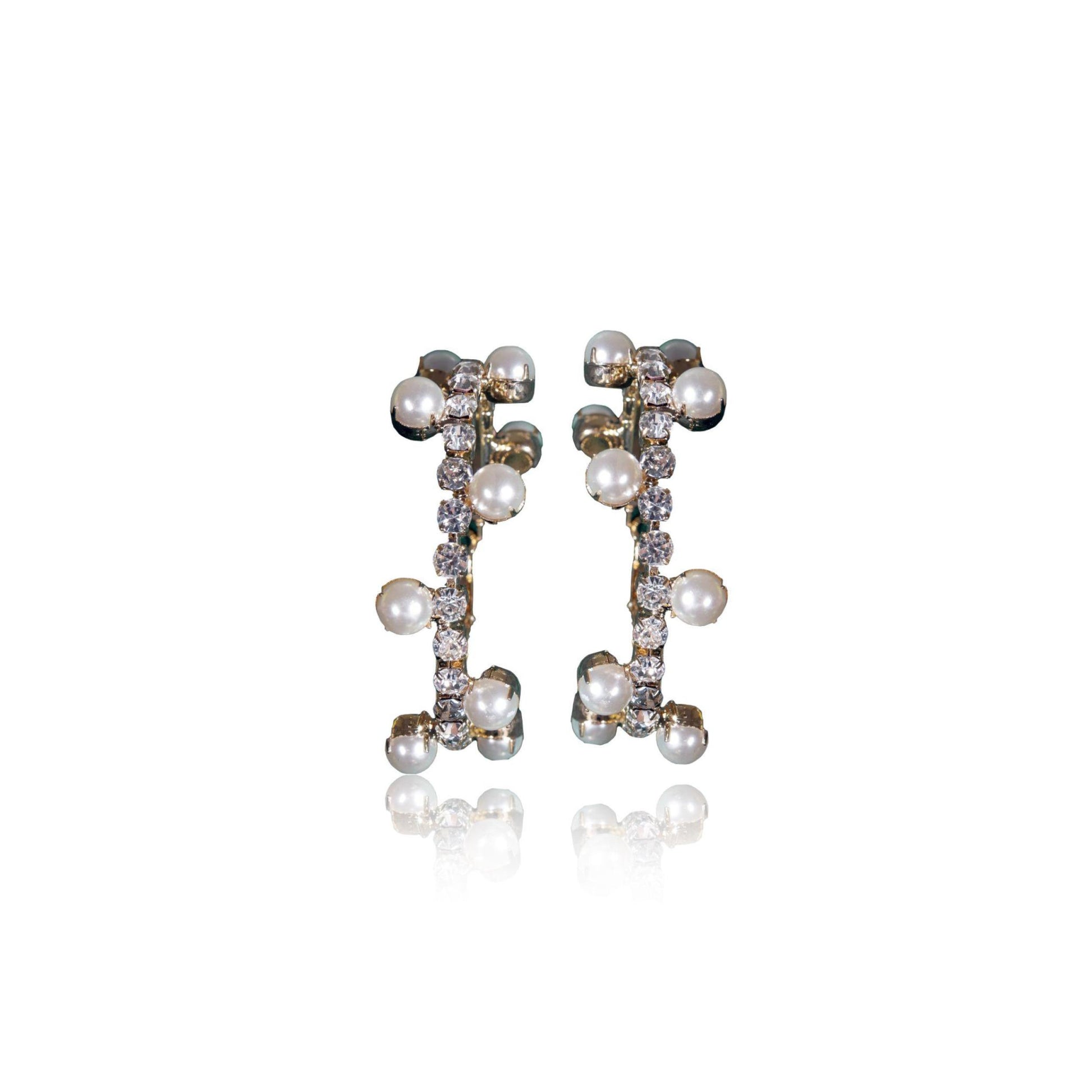 Silver Pearl and Crystal Hoops featuring small pearls and white crystals in an alternating pattern, shown on a white background with a subtle reflection.
