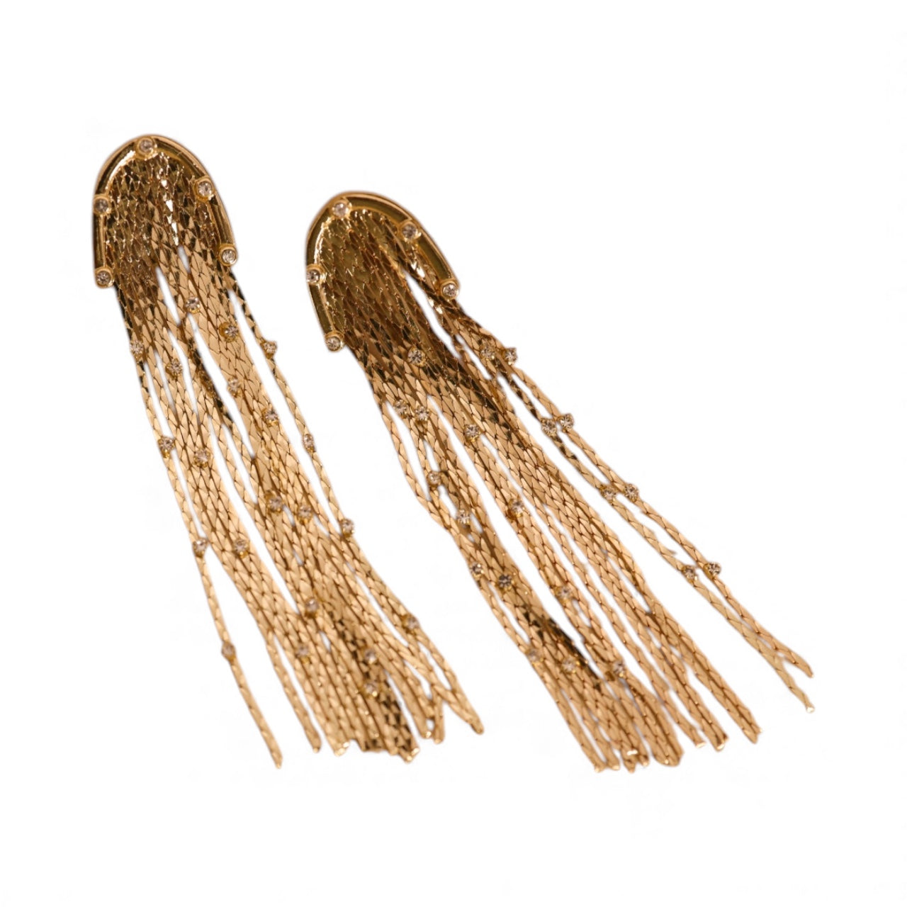 Tassels With Small Zirconia earrings feature gold plating, multiple thin dangling chains for a fringed tassel look, and a curved base adorned with sparkling zirconia crystals.