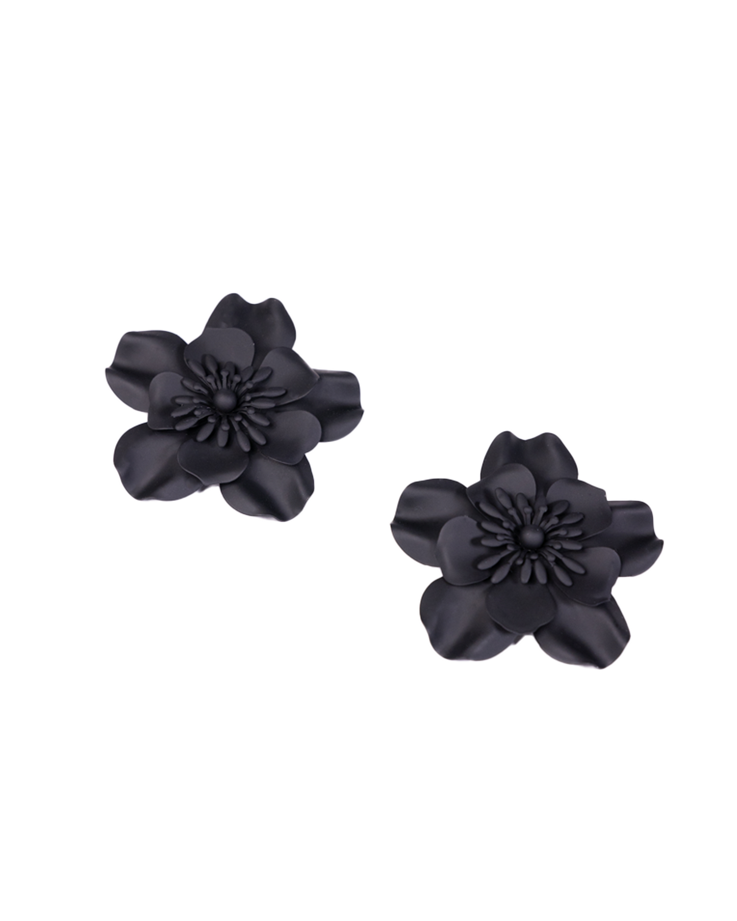 Large black flower earrings made from brass alloy with petal details and textured centers are shown on a white background, offering an affordable touch of luxury jewelry.